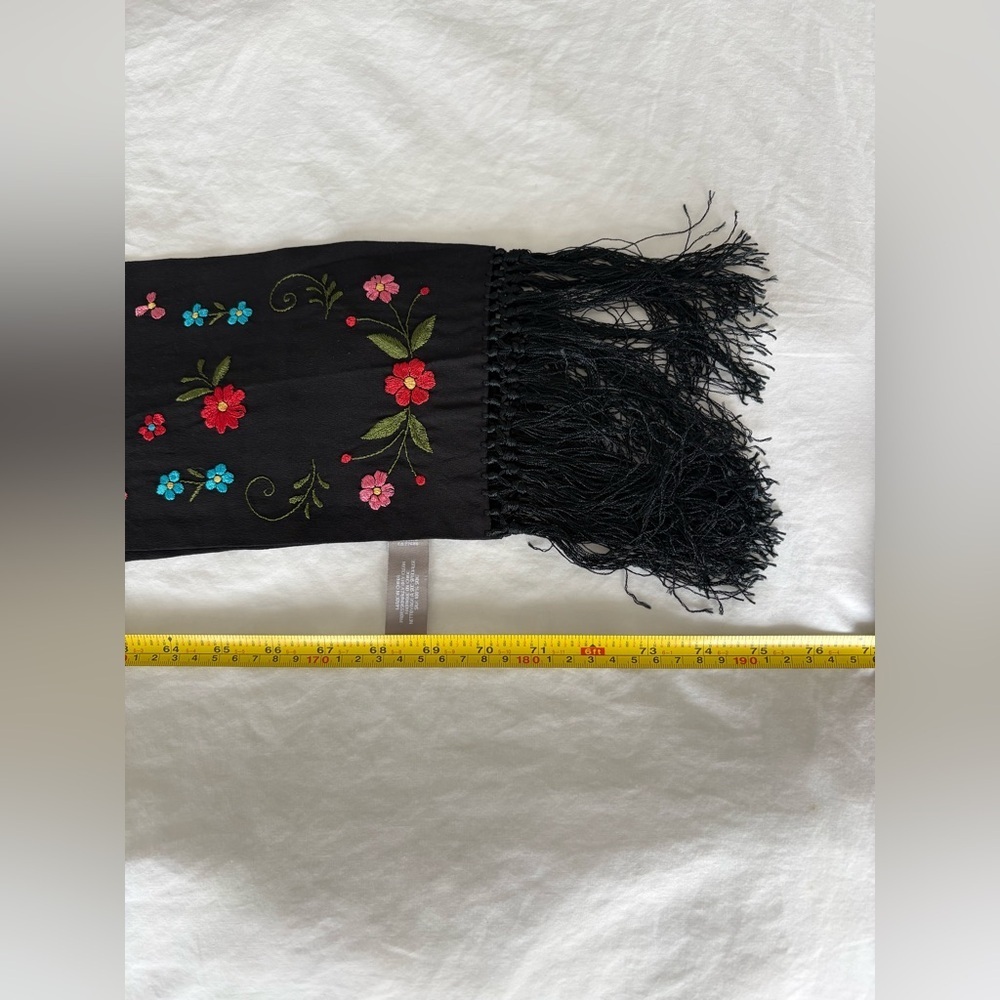ECHO 100% Silk Black Embroidered Floral Scarf Long Knotted Fringe 75” - Picture 7 of 7